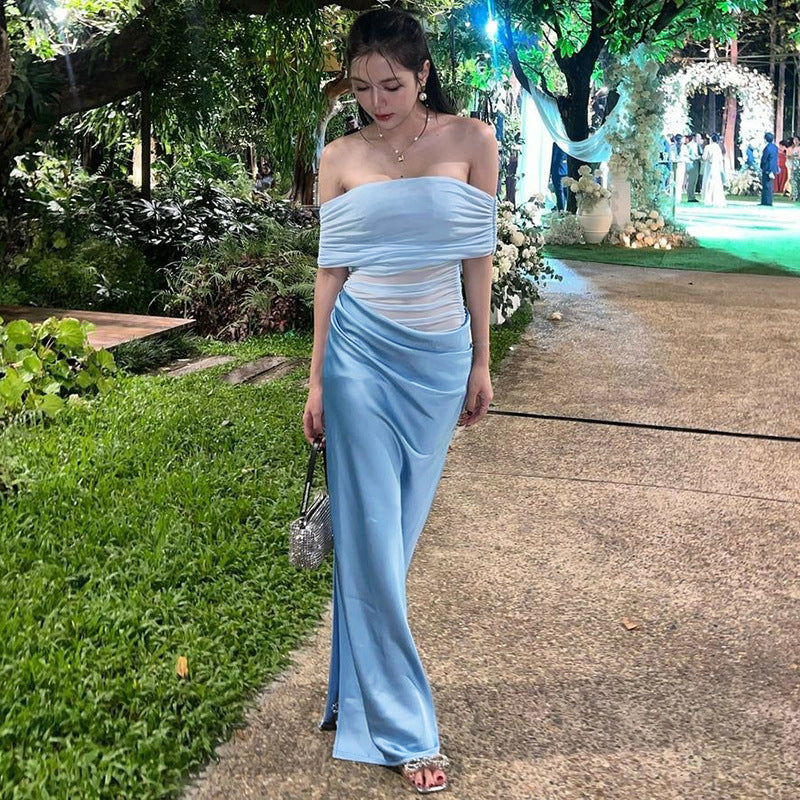 Ruched One-Shoulder Mesh Bodice Column Maxi Gown 2