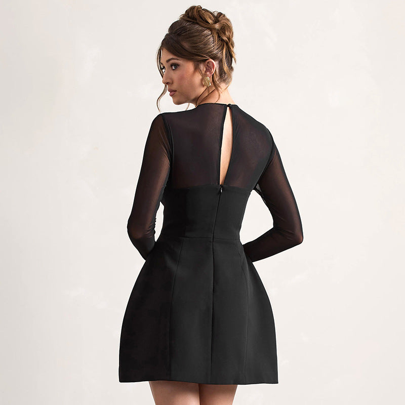 Mesh Yoke Long Sleeve Fit-and-Flare A-Line Mini Dress 2