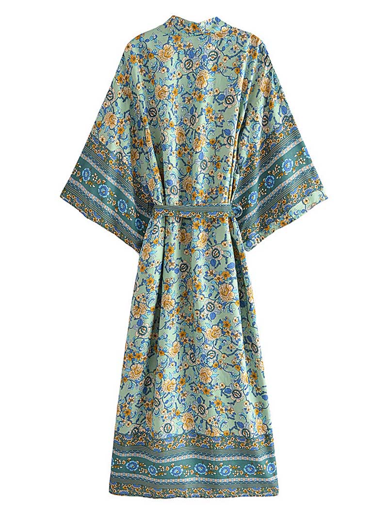 Beachwear Long Gown Floral Print Green Color Cotton Gown Robe Kimono 2