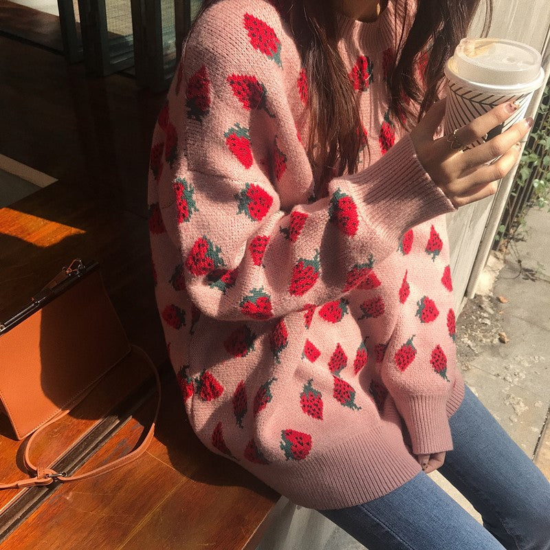 KittenAlarm - Loose Strawberries Pattern Sweet Sweater