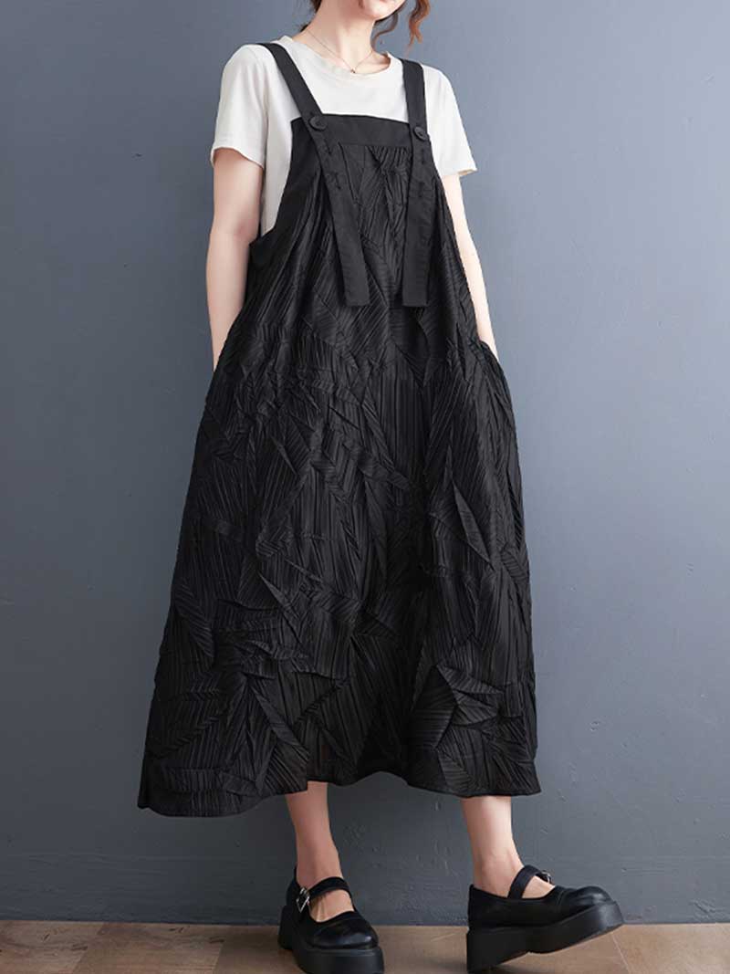 Pleated Cotton Black Color Salopette Dress - Fashionpara