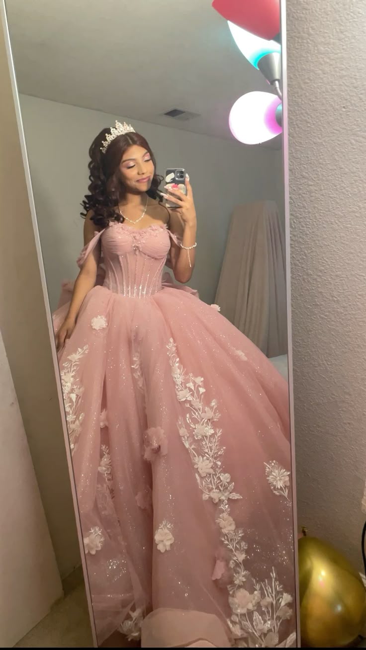 Pink Quinceanera Dresses 3D Flowers Sweet 15 16 Party Off The Shoulder Ball Gown - Fashionpara