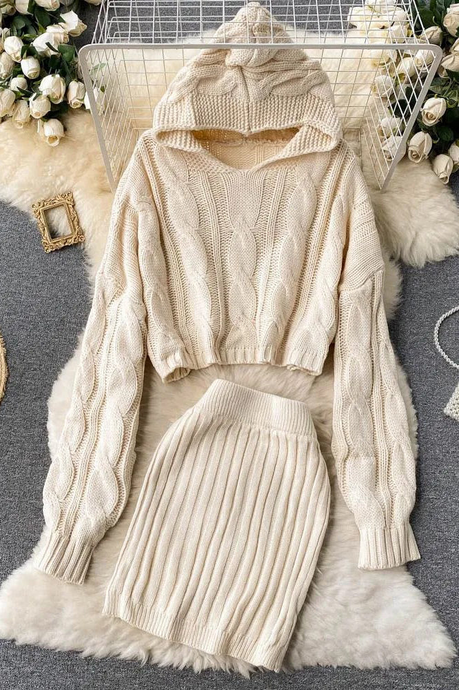 Chic Hooded Sweater and High-Waist Mini Skirt Set