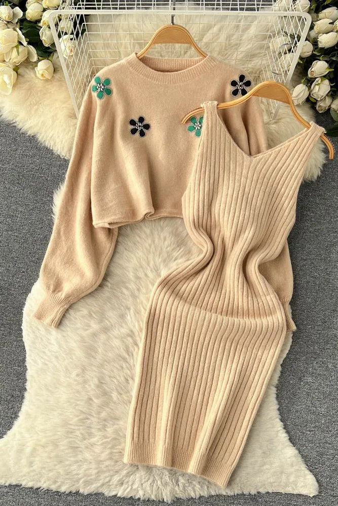 Orro Shop Elegant Two Piece Floral Embroidery Sweater Set