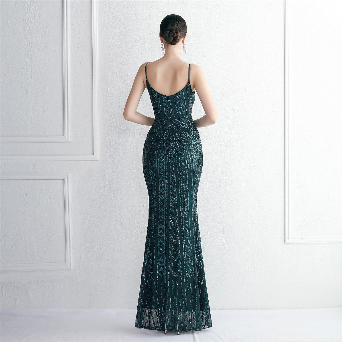 Sequin V-Neck Spaghetti Strap Mermaid Gown 3