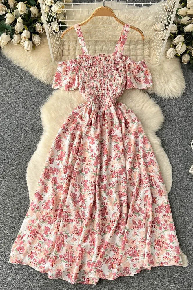 Romantic Floral Print Long Dress Off Shoulder Puff Sleeve Party Dress