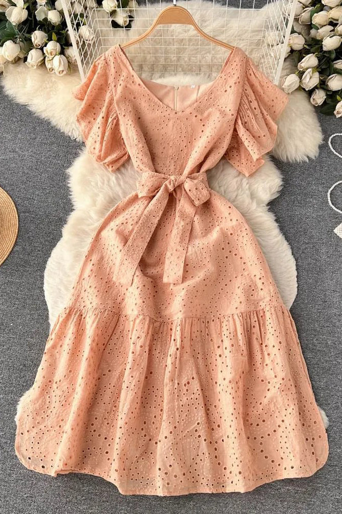 Romantic Puff Sleeve Party Dress Elegant Sash Bandage Ruffled Long Dress