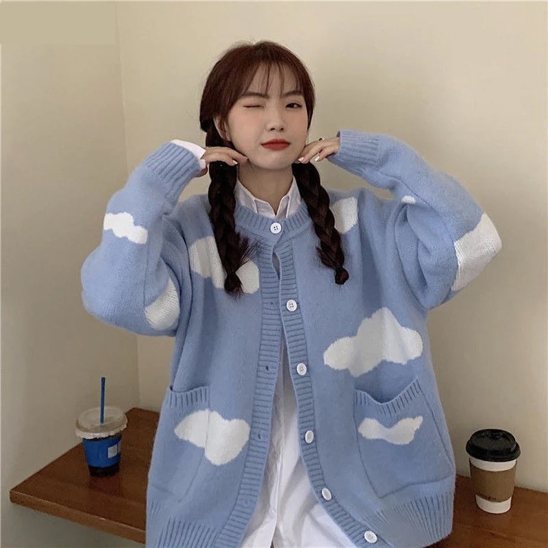 KittenAlarm - Loose Clouds Pattern Knitted Cardigan Sweater