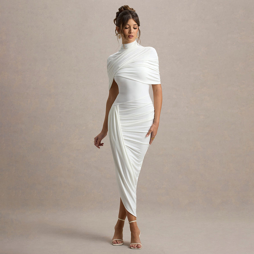 Draped High-Neck Cape-Shoulder Ruched Asymmetric Midi Dress