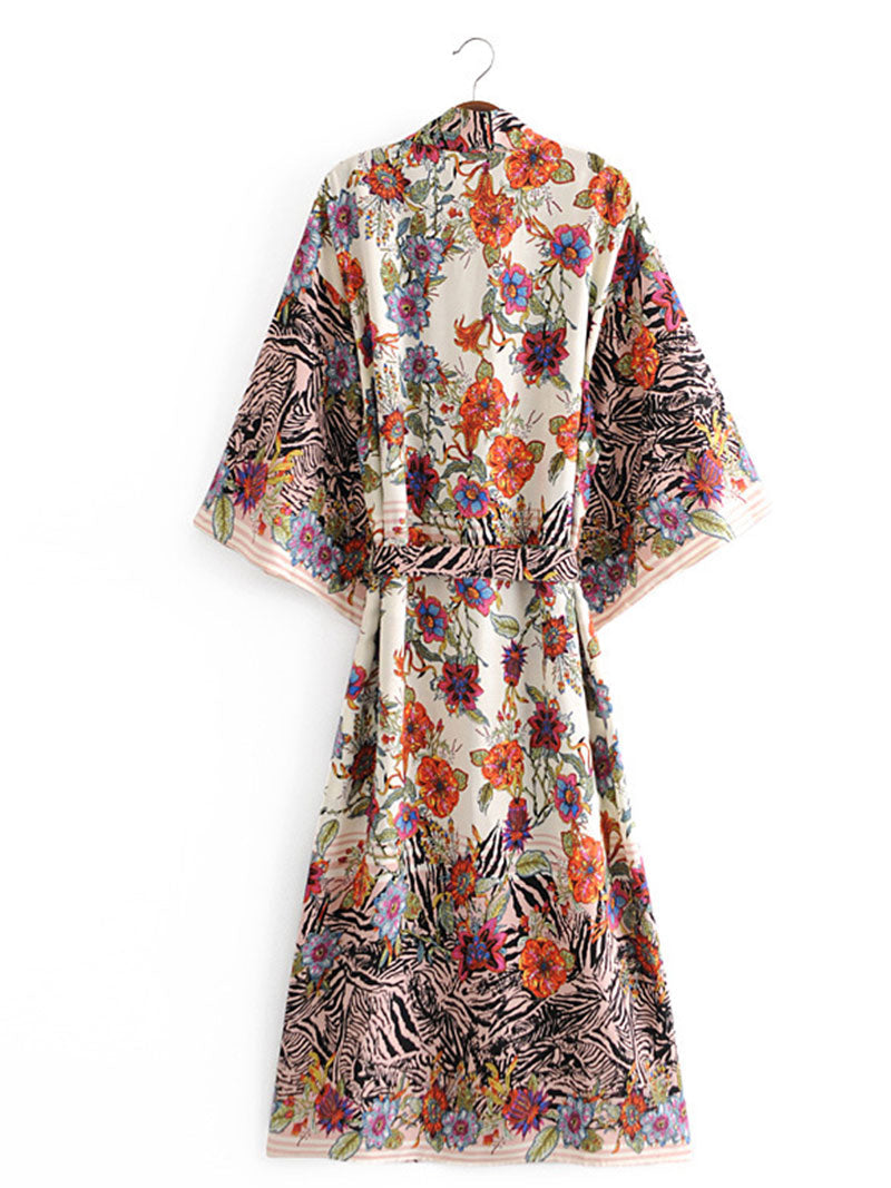 Beachwear Floral Print Black Color Cotton Long Length Gown Kimono Duster Robe 3