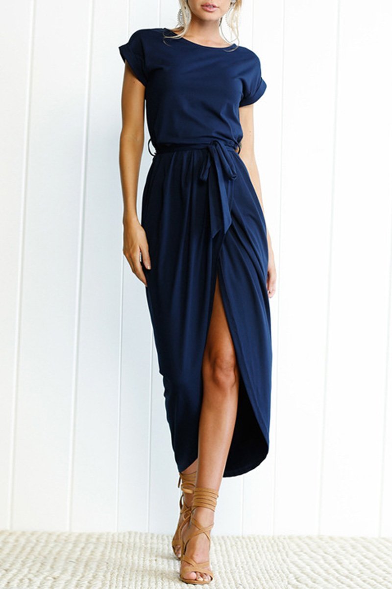 Short Sleeve Tie Waist Wrap Tulip Hem Midi Dress - View 10