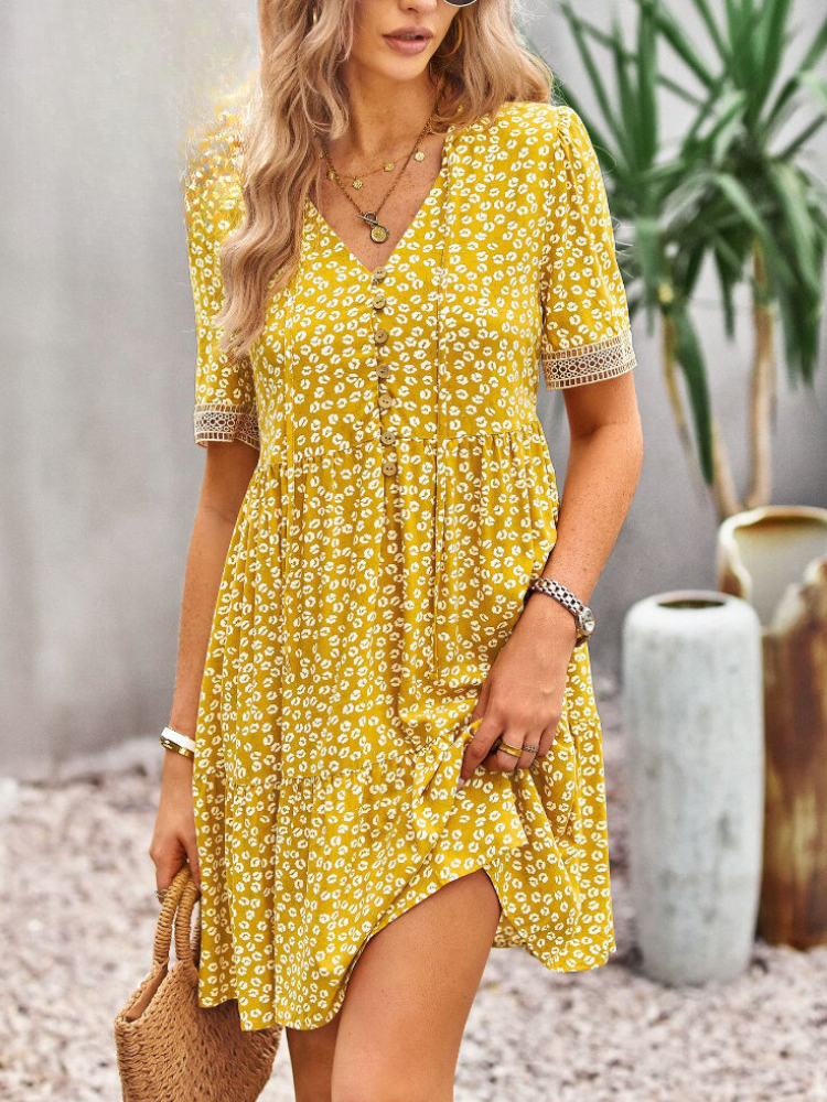 Lace Trim V-Neck Button Front Tiered Babydoll Mini Dress