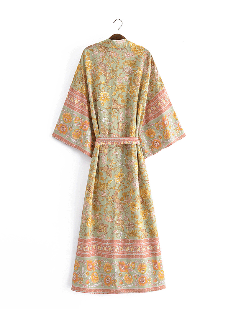 Long Length Beachwear Floral Print Yellow Color Cotton Gown Kimono - Fashionpara