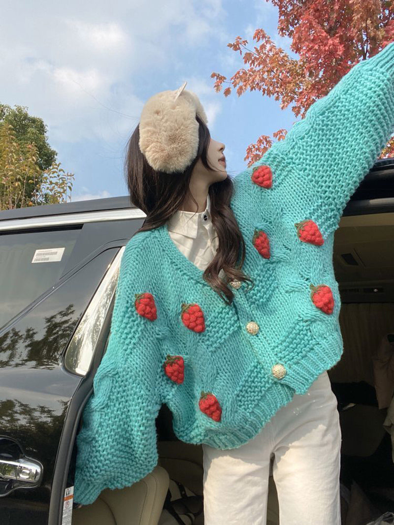 KittenAlarm - Loose Strawbery Pattern Knitted Cardigan Sweater