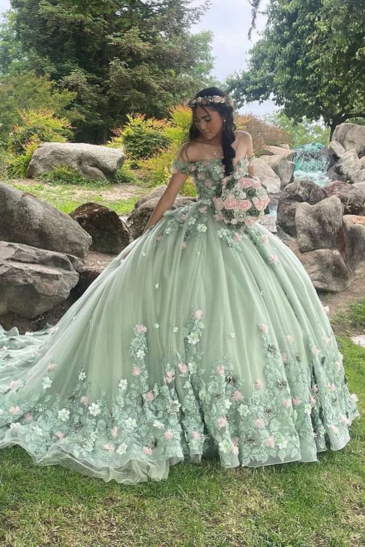 Sage Green Quinceanera Dress Off-Shoulder Applique Lace Beaded Tulle Ball Gown for Sweet 16 & 15 - Fashionpara