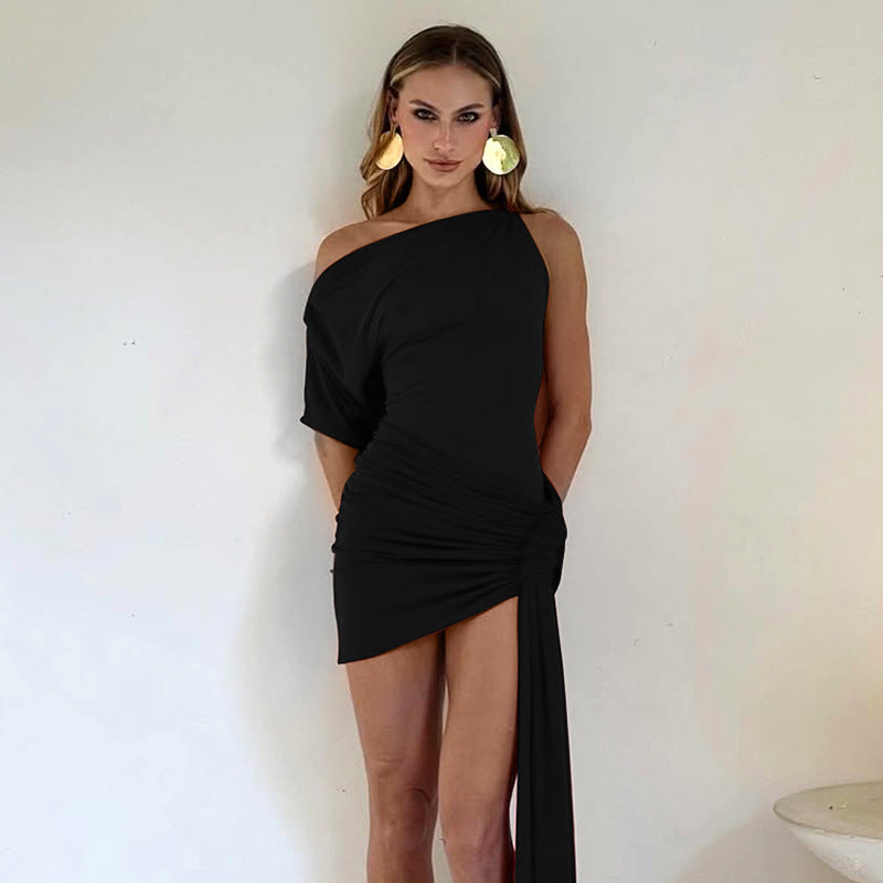 One-Shoulder Draped Asymmetric Ruched Mini Dress 2