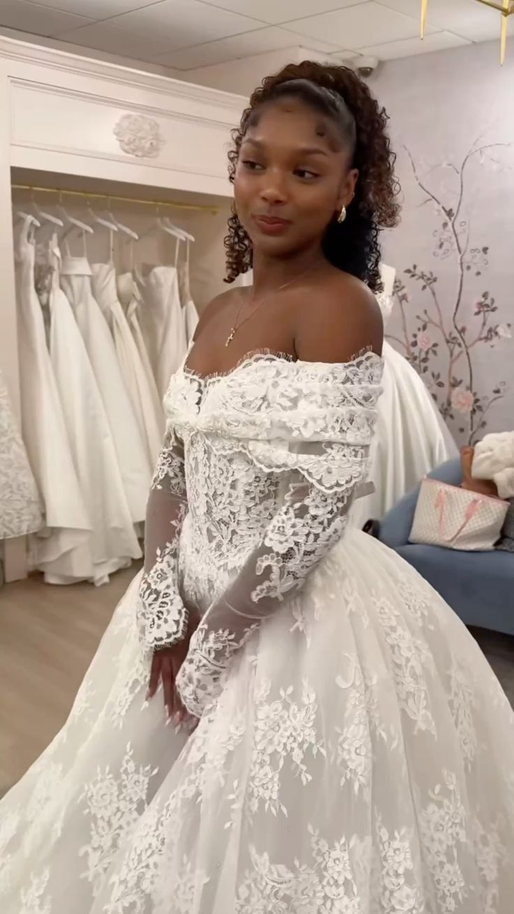 Off Shoulder Lace A-Line Wedding Dress, Long Sleeves Lace Bridal Gown