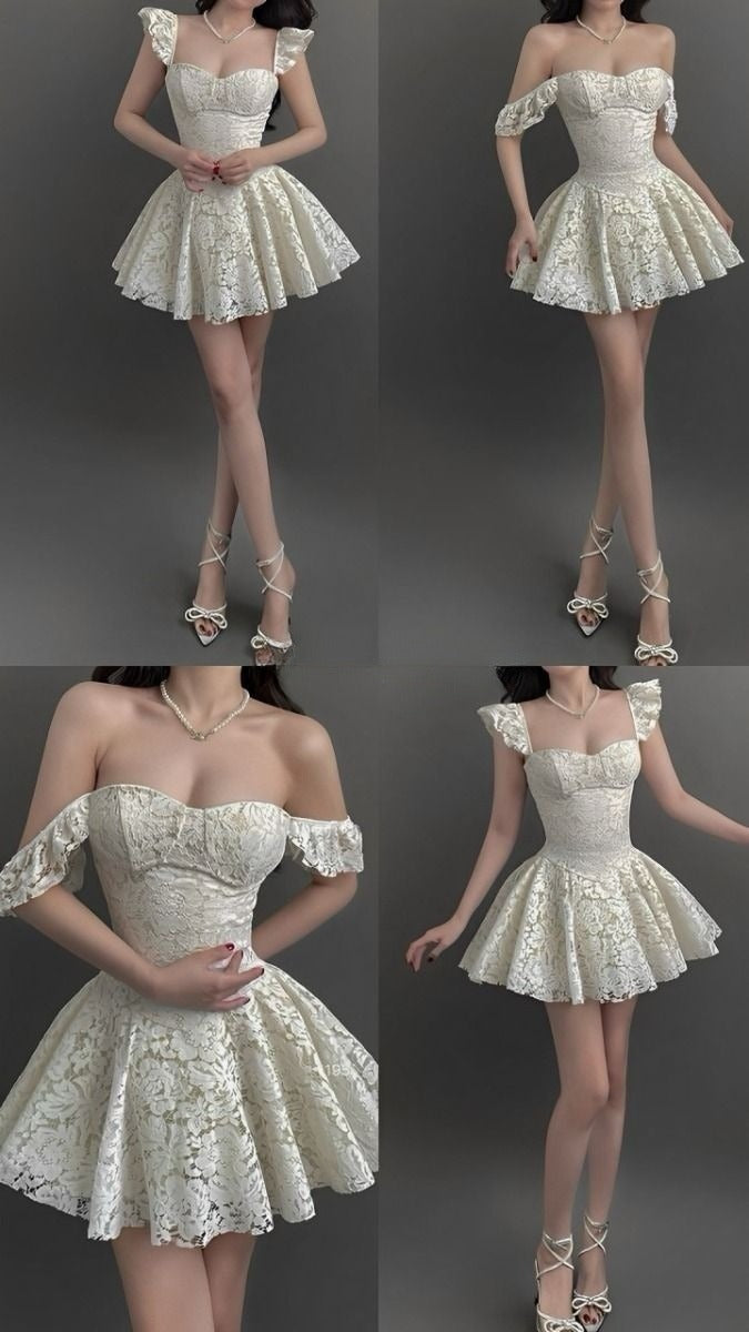 A Line White Lace Off Shoulder Short Evening Dress Cocktail Dresses Short Party Dress - Fashionpara