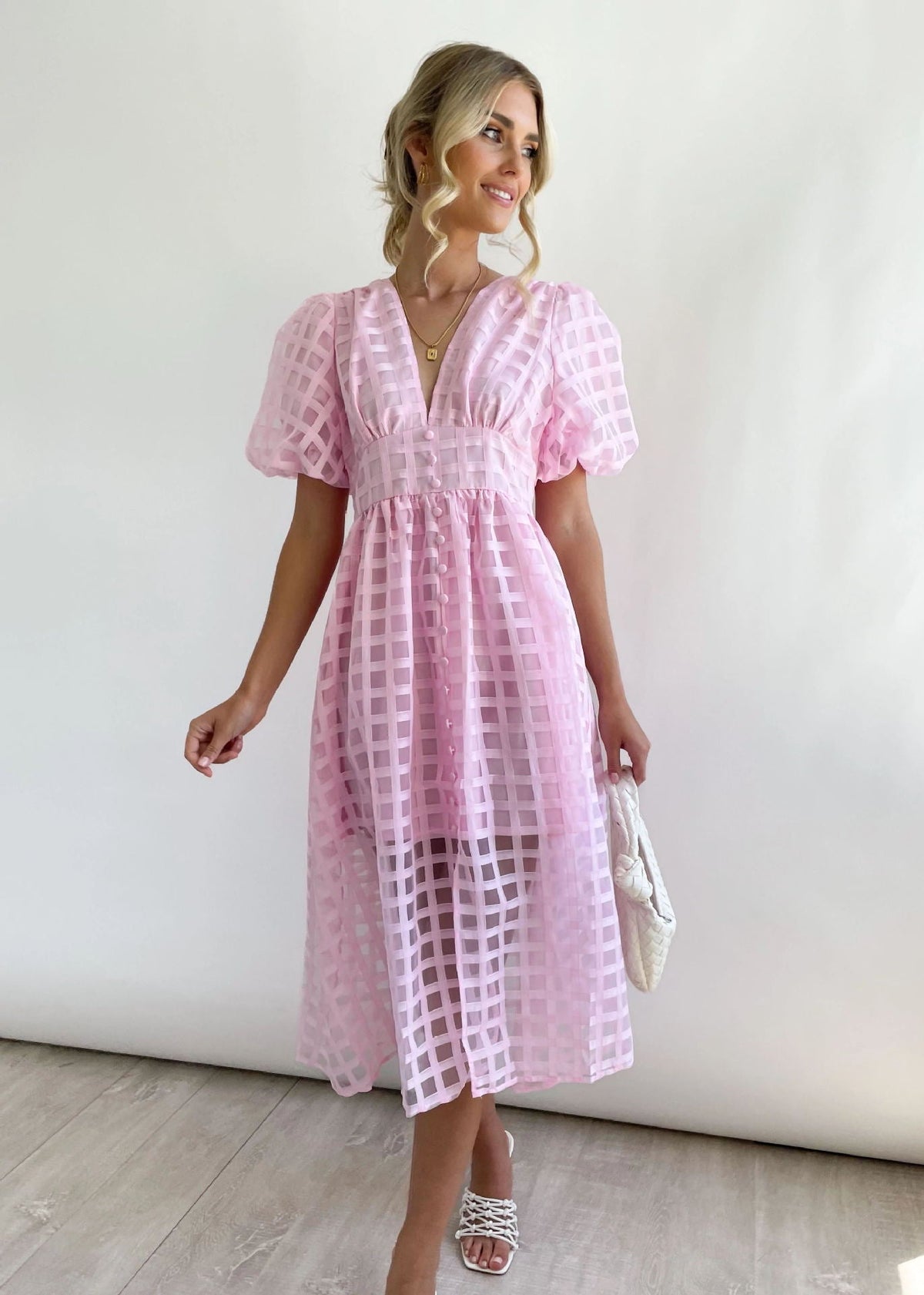 Grid Organza V-Neck Puff-Sleeve Button-Front Midi Dress 2