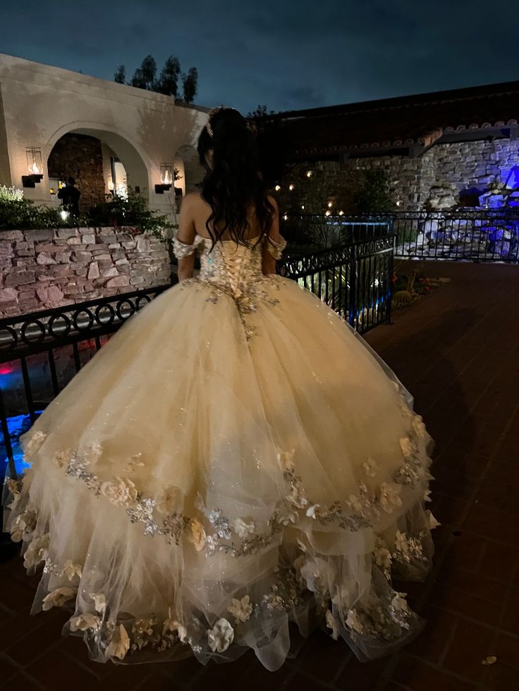 Champagne Quince Dress with Flowers Sweet 16 Dresses Off the Shoulder Ball Gown - Fashionpara