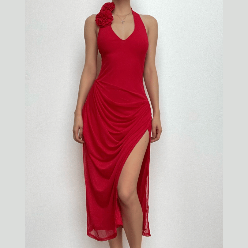 Halter Deep V-Neck Rosette Ruched High Split Midi Dress