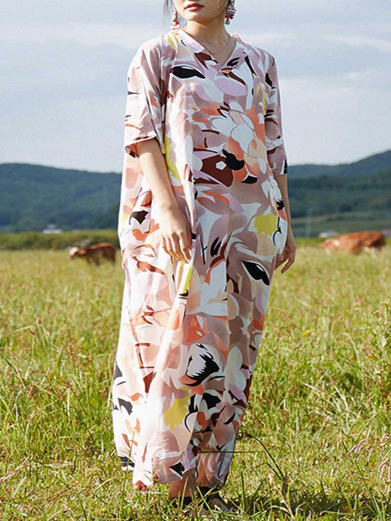 Abstract Floral Print Half Sleeve Kaftan Maxi Dress 5