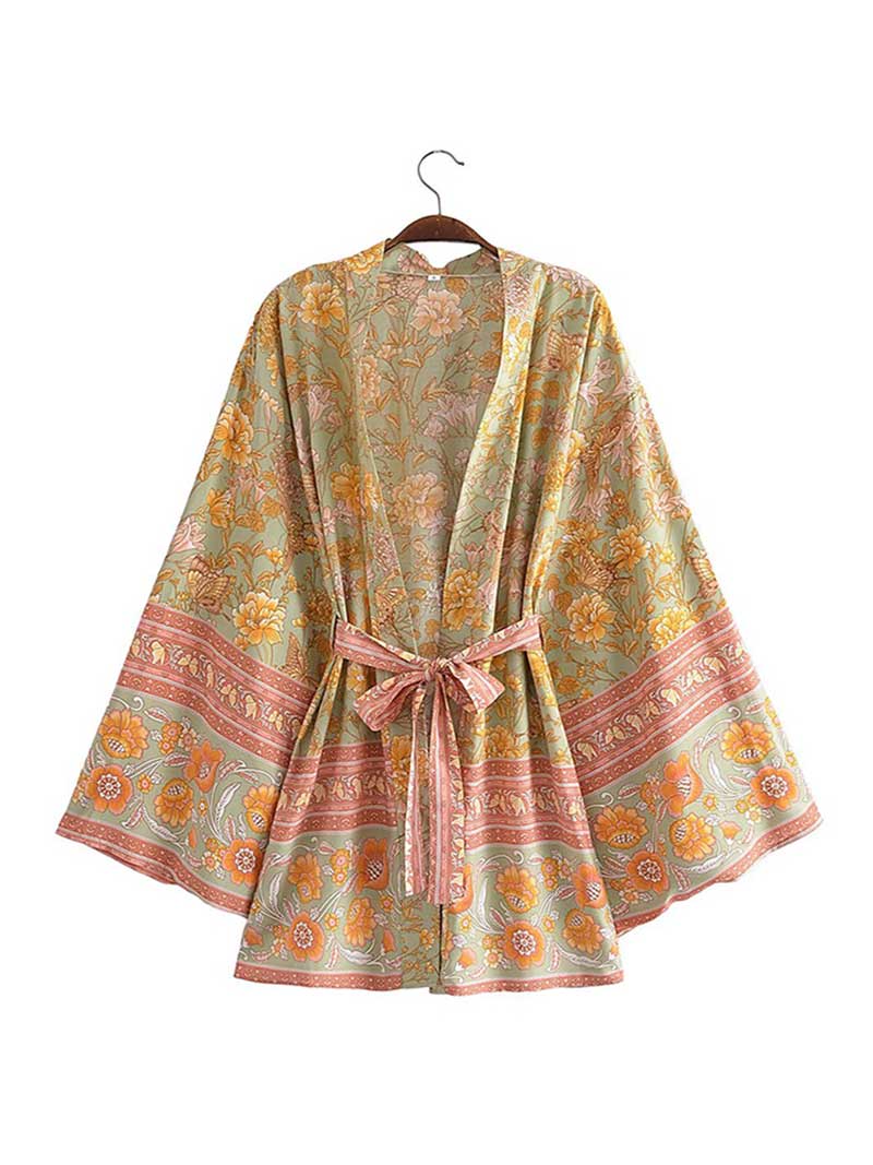 Short Floral Print Yellow Cotton Short Length Gown Kimono Duster Robe - Fashionpara