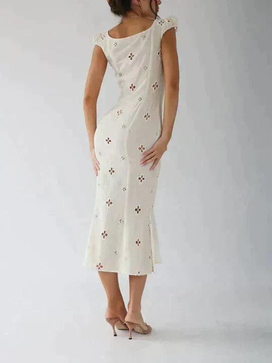 Eyelet Embroidered Cap Sleeve Keyhole Button Front Bodycon Midi Dress - View 3