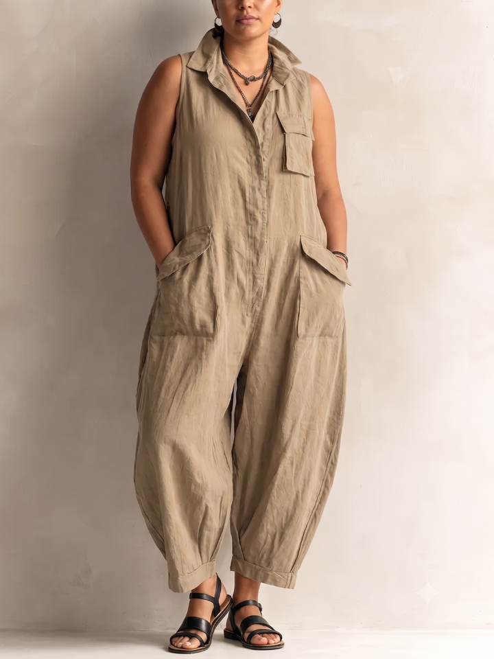 Collared Sleeveless Patch Pocket Wide Leg Jumpsuit 4