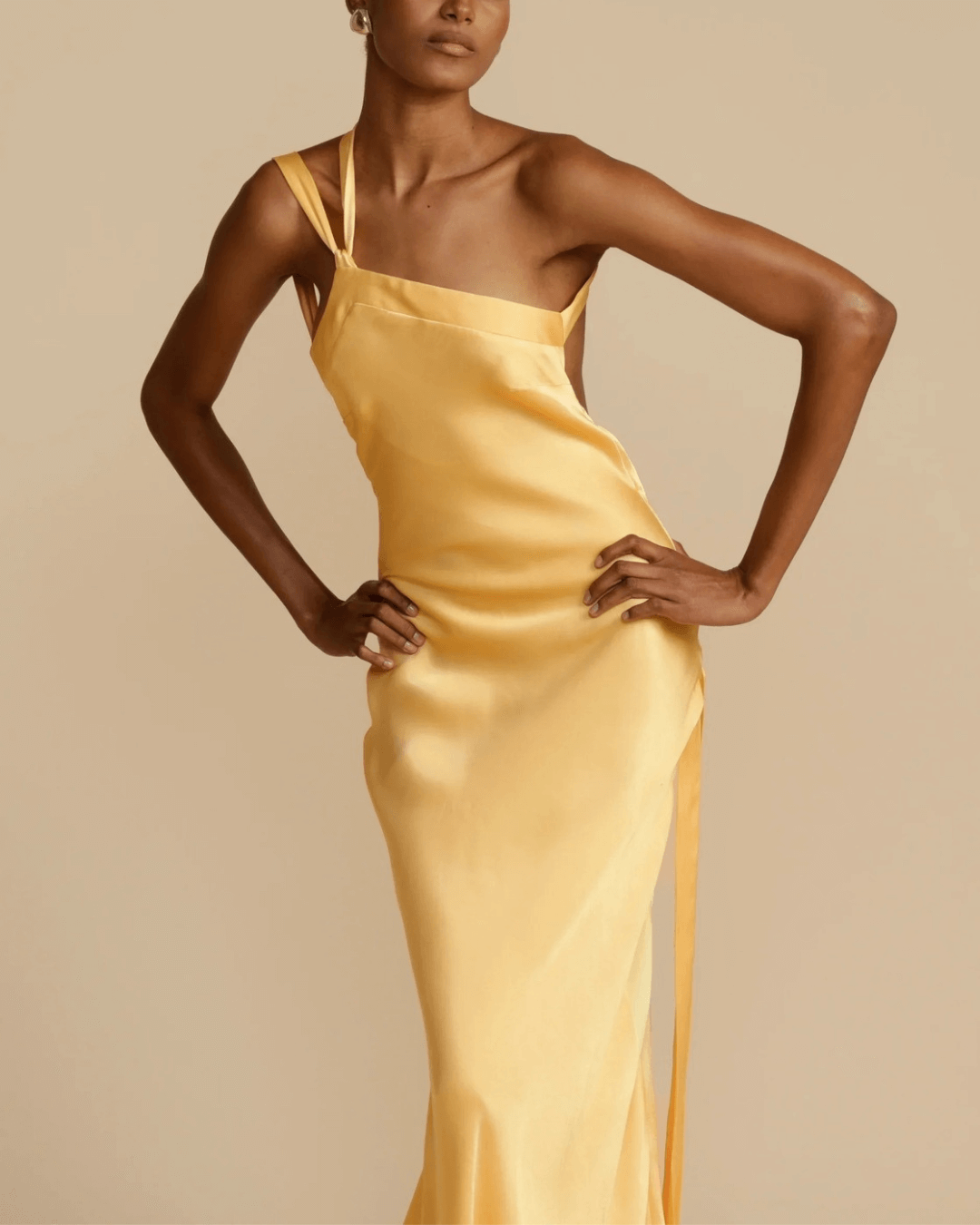 Elastic Waist Satin Drape Yellow Maxi Dress - Fashionpara