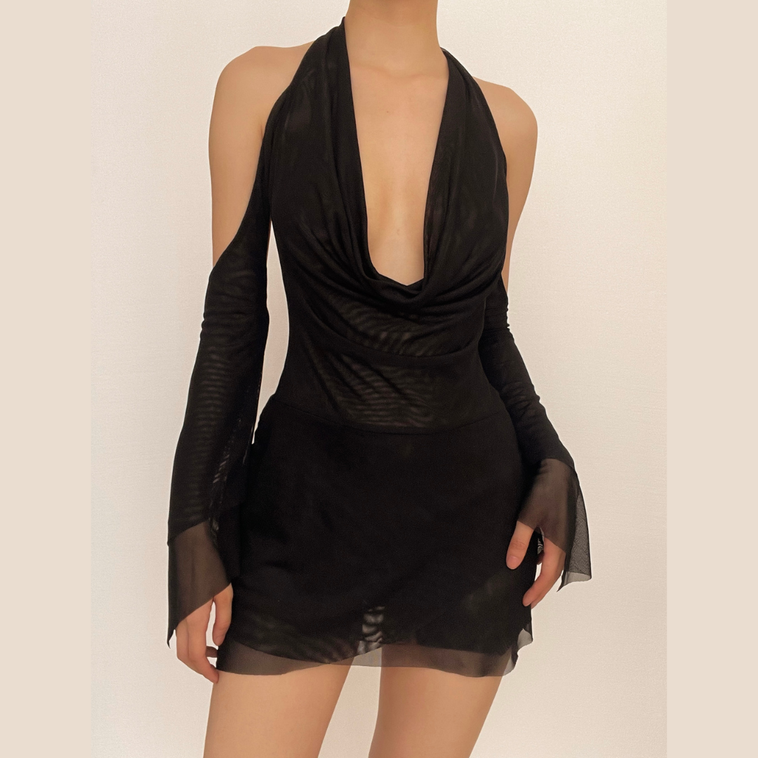 Mesh Cowl Neck Halter Long Sleeve Ruched Mini Dress - View 2