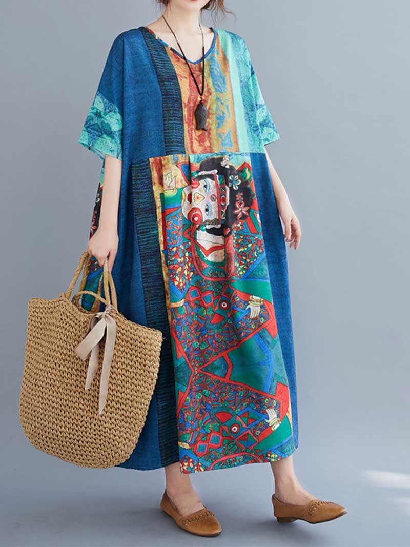 Abstract Art Print V-Neck Patchwork Kaftan Maxi Dress 3