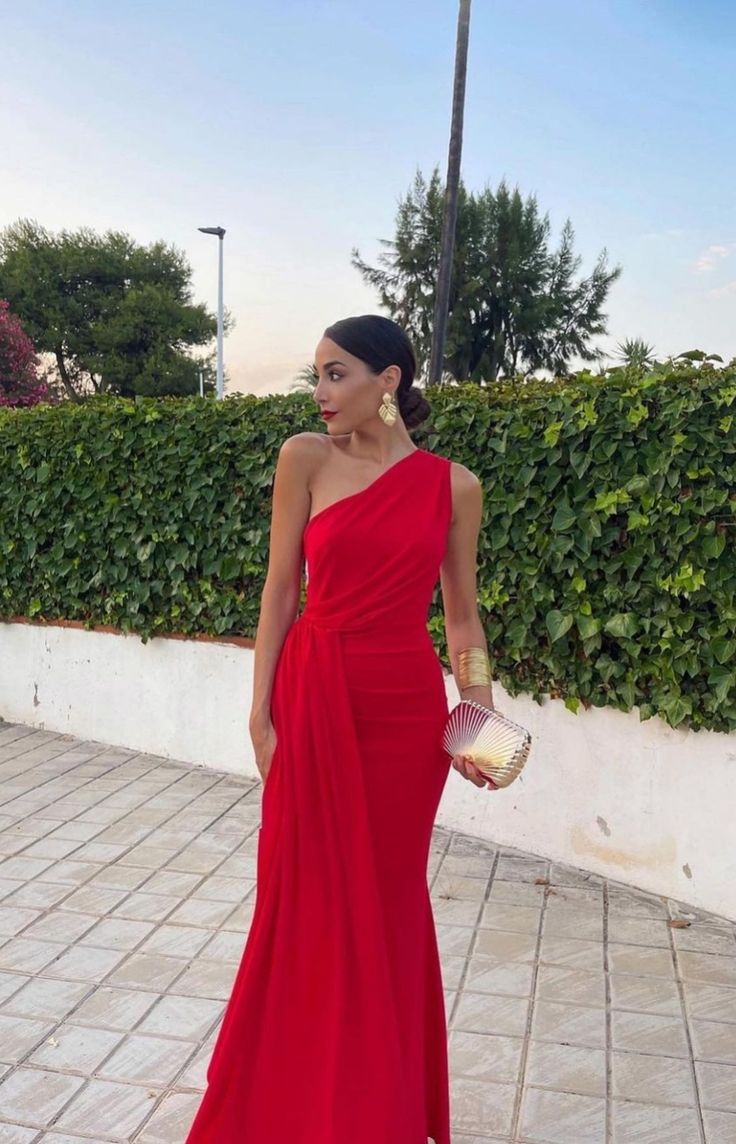 Red Party Dress Elegant Mermaid One Shoulder Prom Dress - Fashionpara