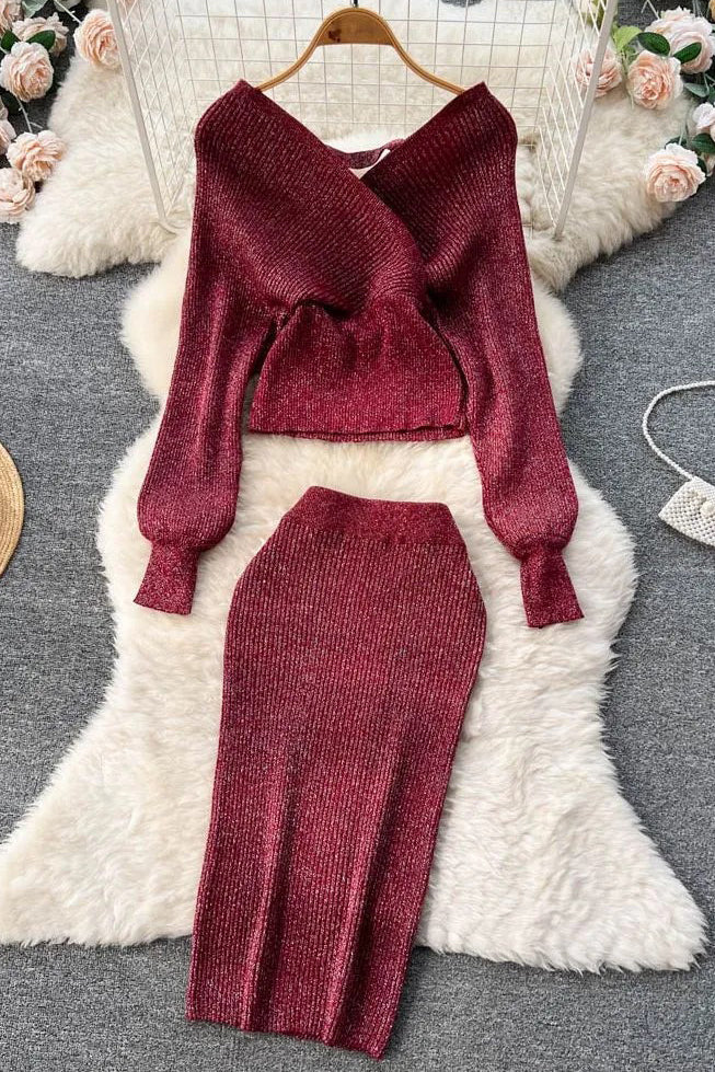 Elegant Batwing Sleeve Knitted Sweater and Skirt Set