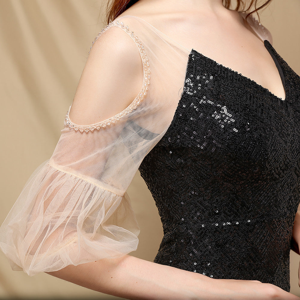 Embellished V-Neck Puff Sleeve Mermaid Gown