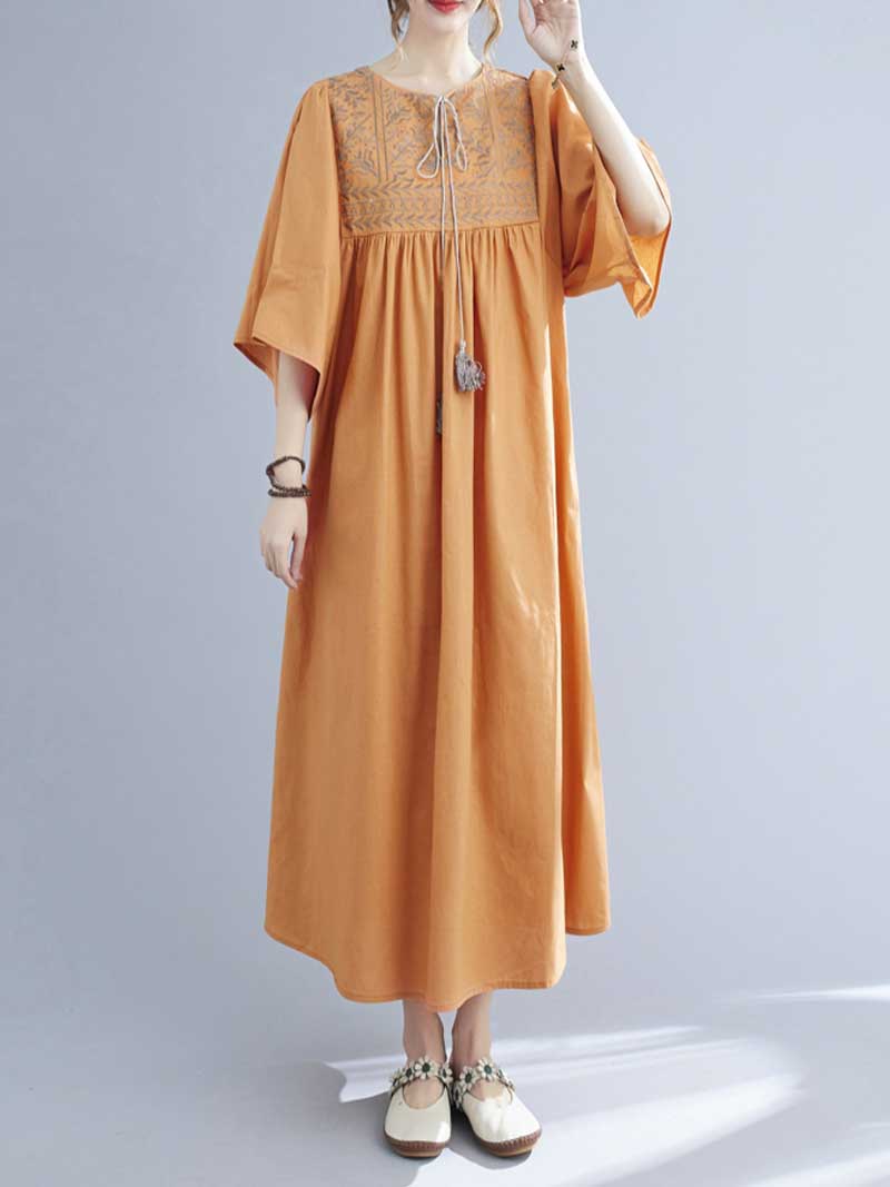 Embroidered Yoke Round Neck Tassel-Tie Batwing Midi Dress 4