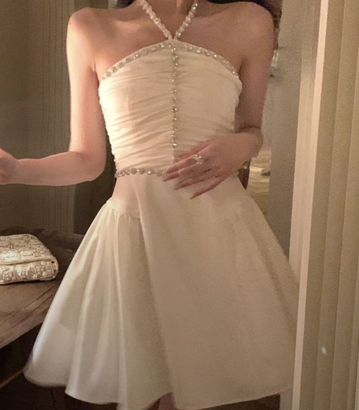 A Line White Halter Homecoming Dress Short Evening Dress Cocktail Dresses Short Party Dress - Fashionpara