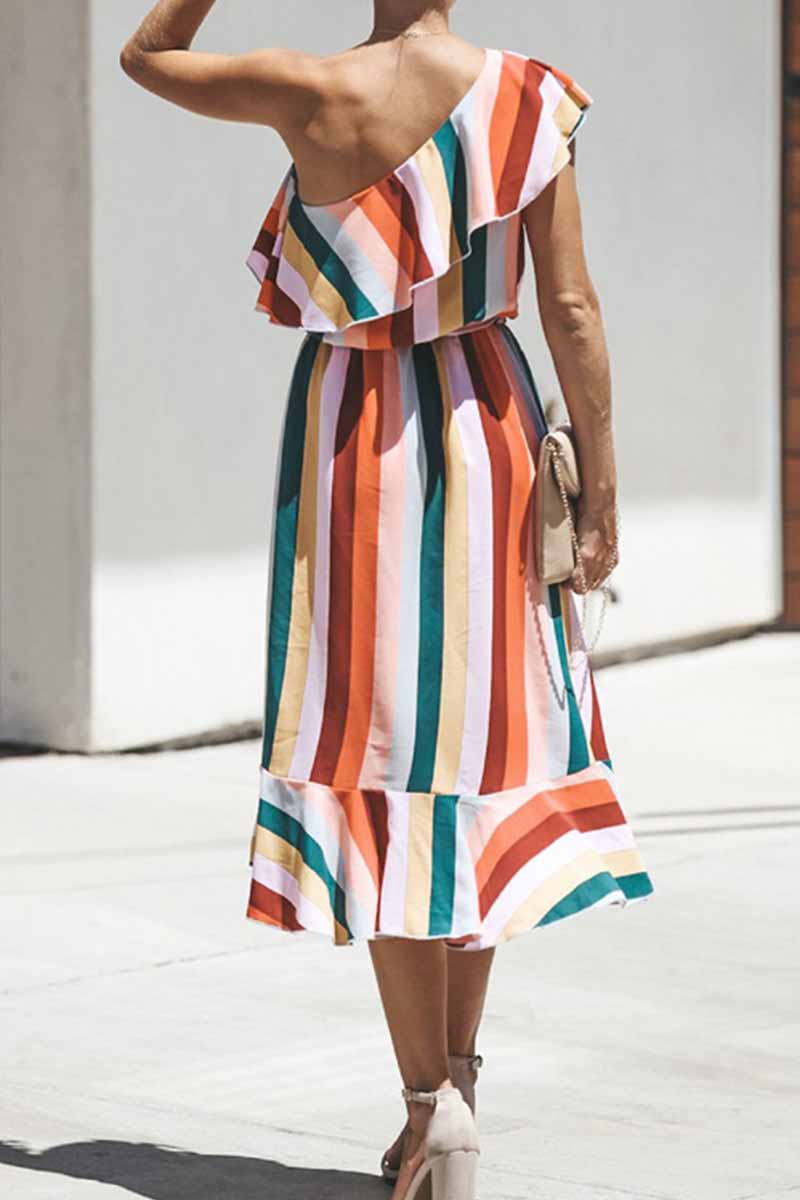 Florcoo Casual Striped One Off Shoulder Sleeveless Ruffle Irregular Midi Dress