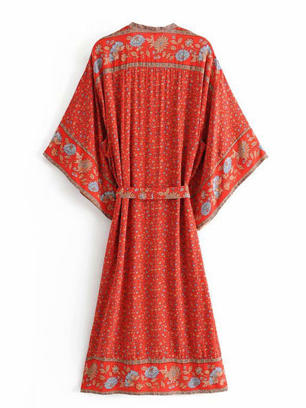 Beachwear Floral Print Red Color Cotton Long Length Gown Kimono Duster Robe - Fashionpara
