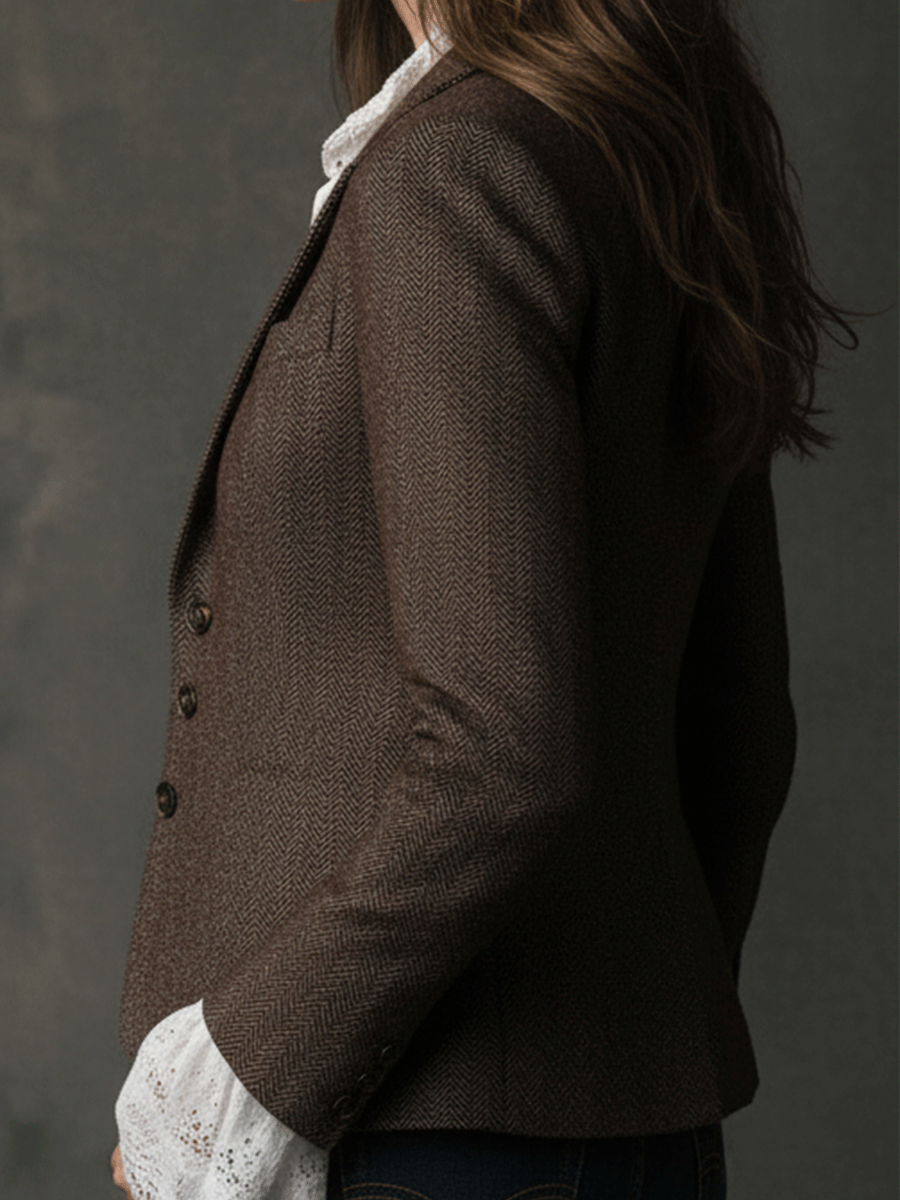 Herringbone Tweed Notch Lapel Tailored Blazer 3