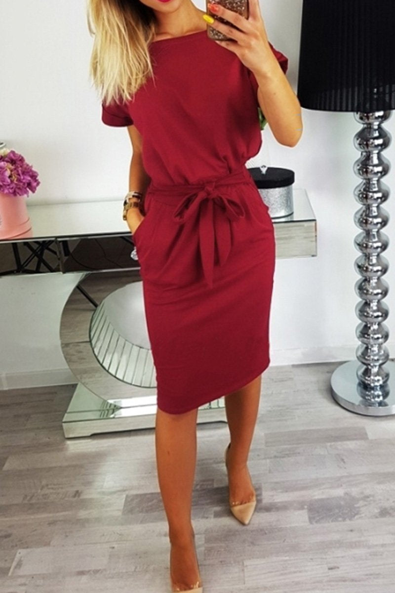 Florcoo O Neck Midi Dress With Belt