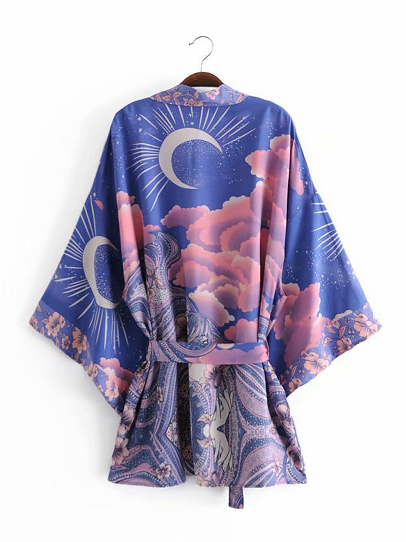Short Length Floral Print Blue Color Cotton Gown Kimono Duster Robe - Fashionpara