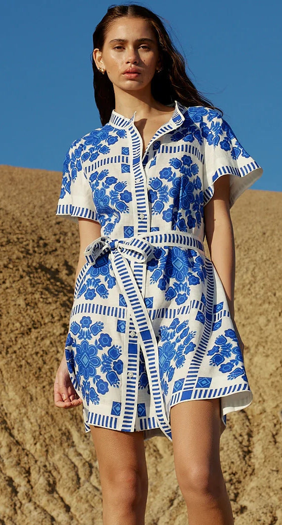 Floral Tile Print Short-Sleeve Belted Shirt Mini Dress 2