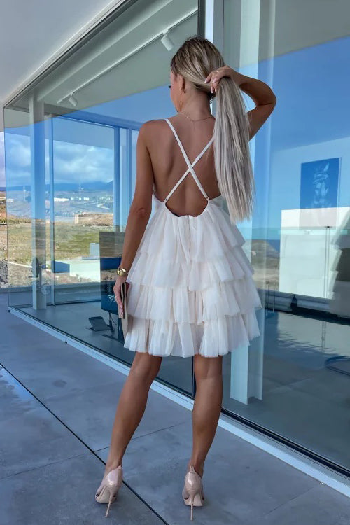 Tulle V-Neck Spaghetti Strap Tiered Ruffle Mini Dress - View 5