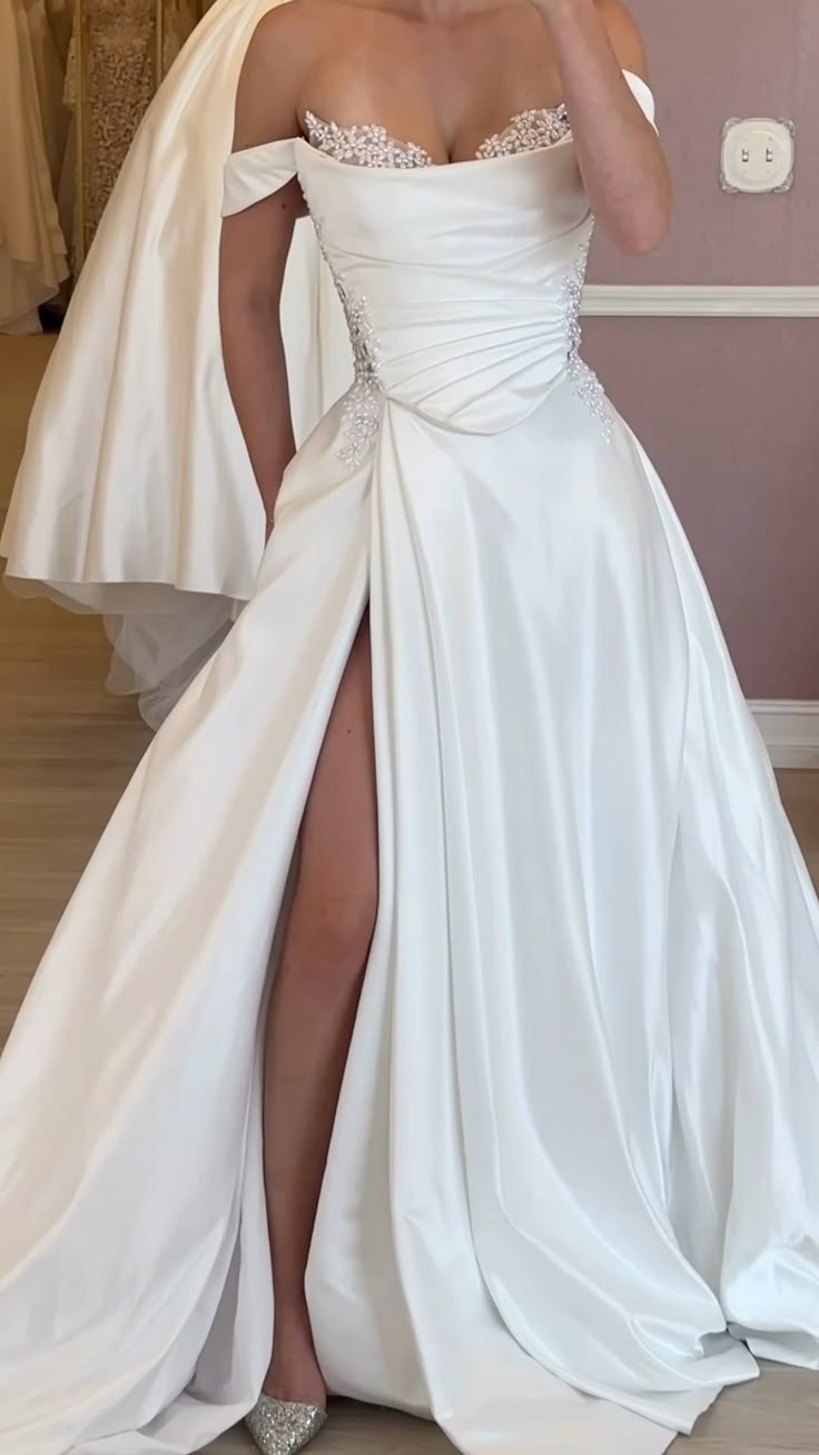 Off Shoulder Long Satin Wedding Dress Bridal Gown