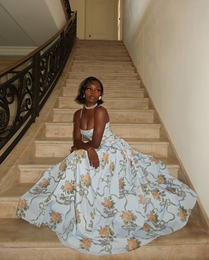 Elegant Printed Long Dress Women Square Neck A-line Robe Beach Holiday Style Long Party Dress - Fashionpara