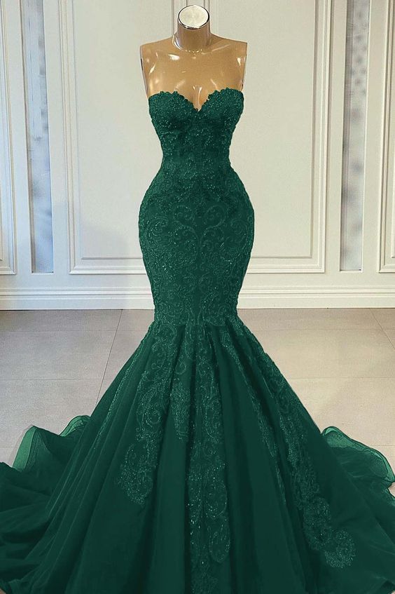 Green Mermaid Prom Dresses Long For Women 2025 Sweetheart Neckline Lace Appliques Beaded Formal Evening Gowns Lace Party Dresses - Fashionpara