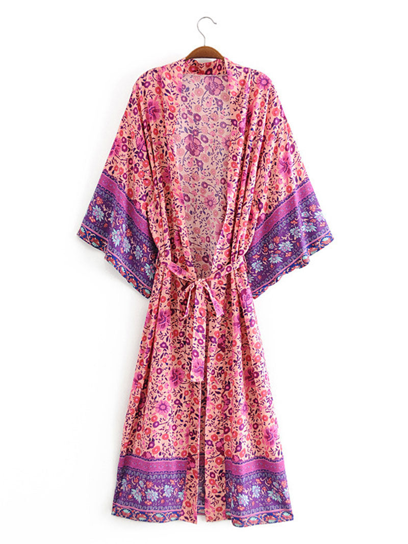 Bridal Wear Long Length Floral Print Purple Color Cotton Gown Kimono Robe - Fashionpara