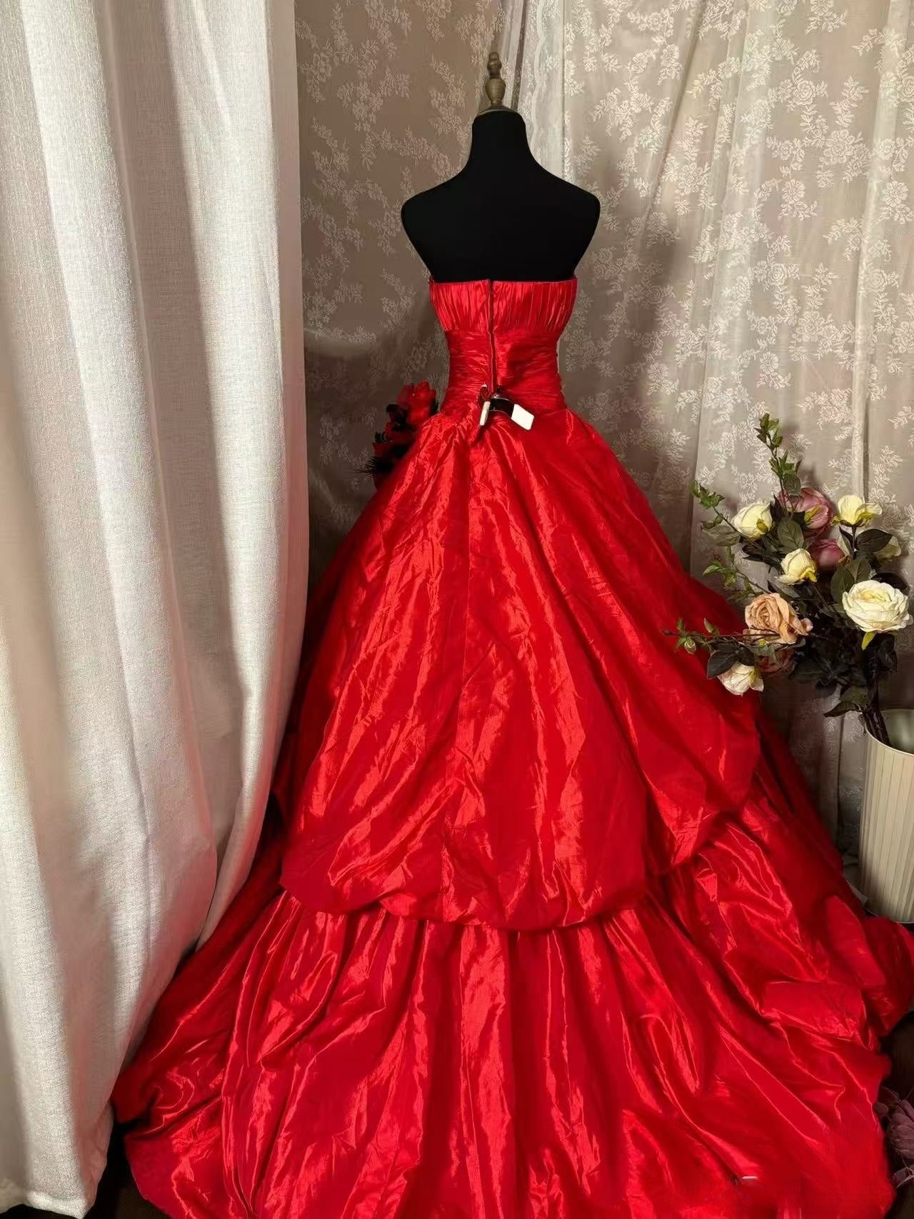 A Line Red Strapless Vintage Prom Dress Long Evening Dress - Fashionpara