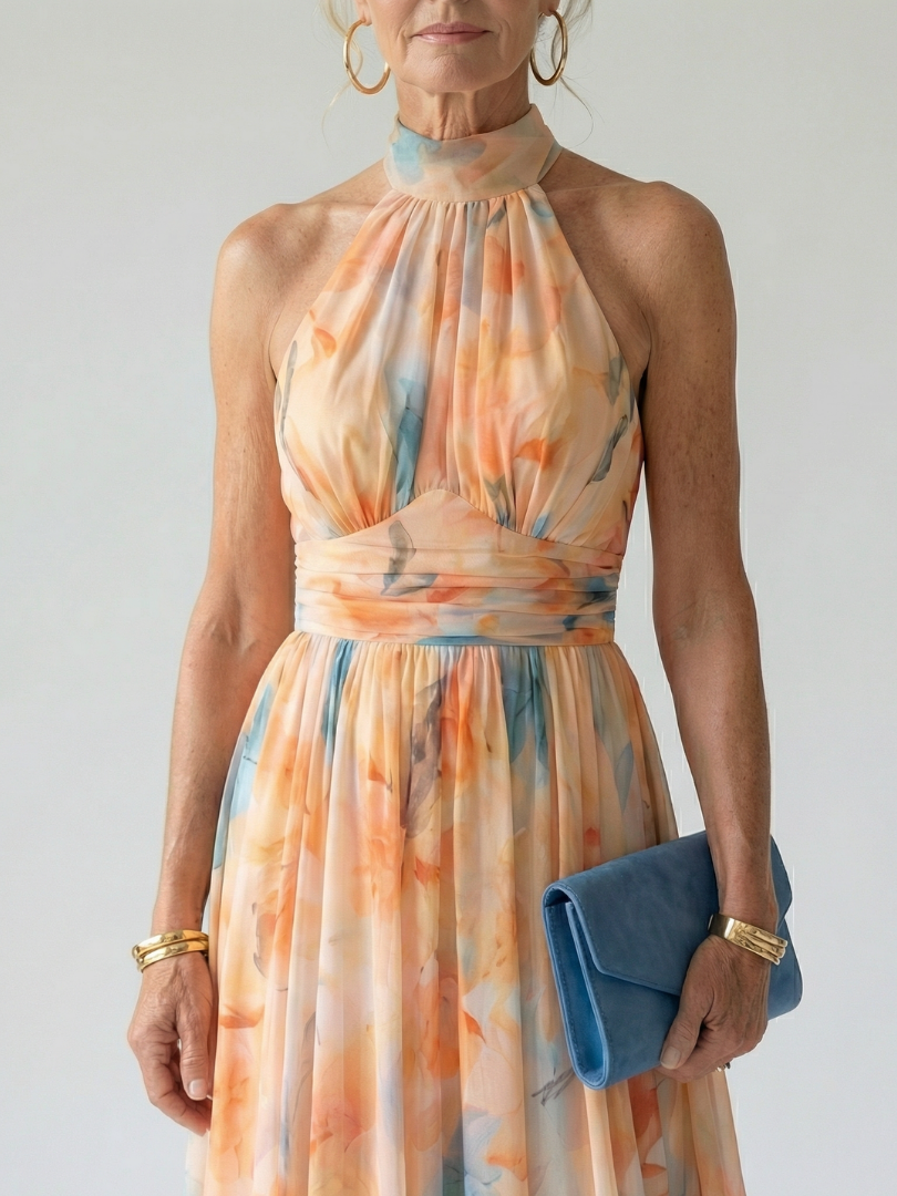 Floral Halter Neck Sleeveless Pleated Midi Dress 2